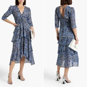 MAJE Ruffled printed fil coupé chiffon midi dress in Indigo